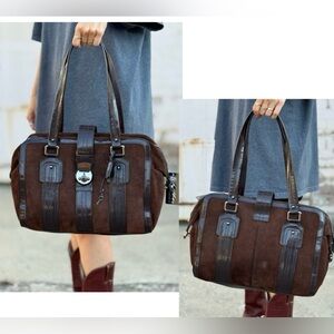 Black suede and burgundy patent leather Boston bag